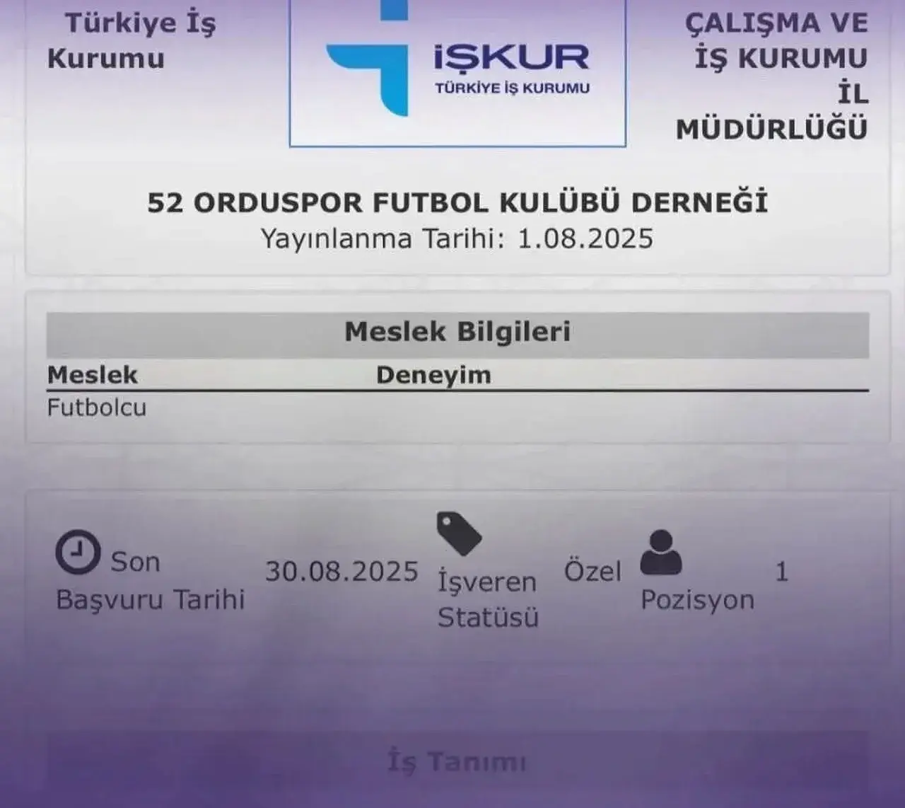 TFF 3.lig takımı 52 Orduspor'dan İŞKUR ilanı! İşte işe alım şartları