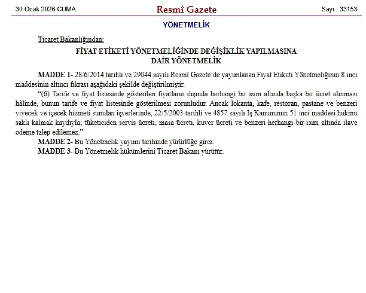 Restoranlarda “Kuver” ve “Servis Ücreti” Resmen Yasaklandı