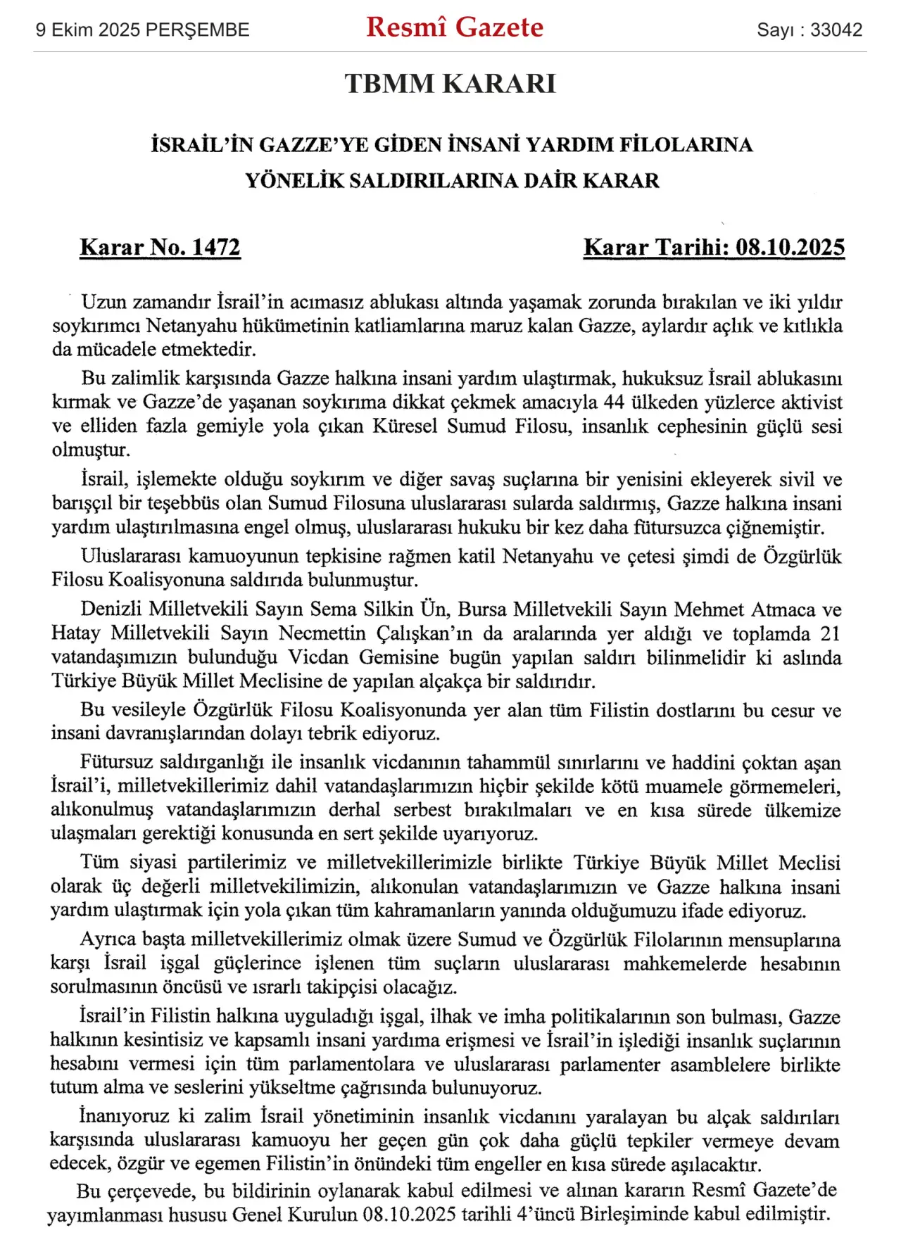 İsrail’in Gazze’ye Giden İnsani Yardım Filolarına Yönelik Saldırılarına Dair Karar