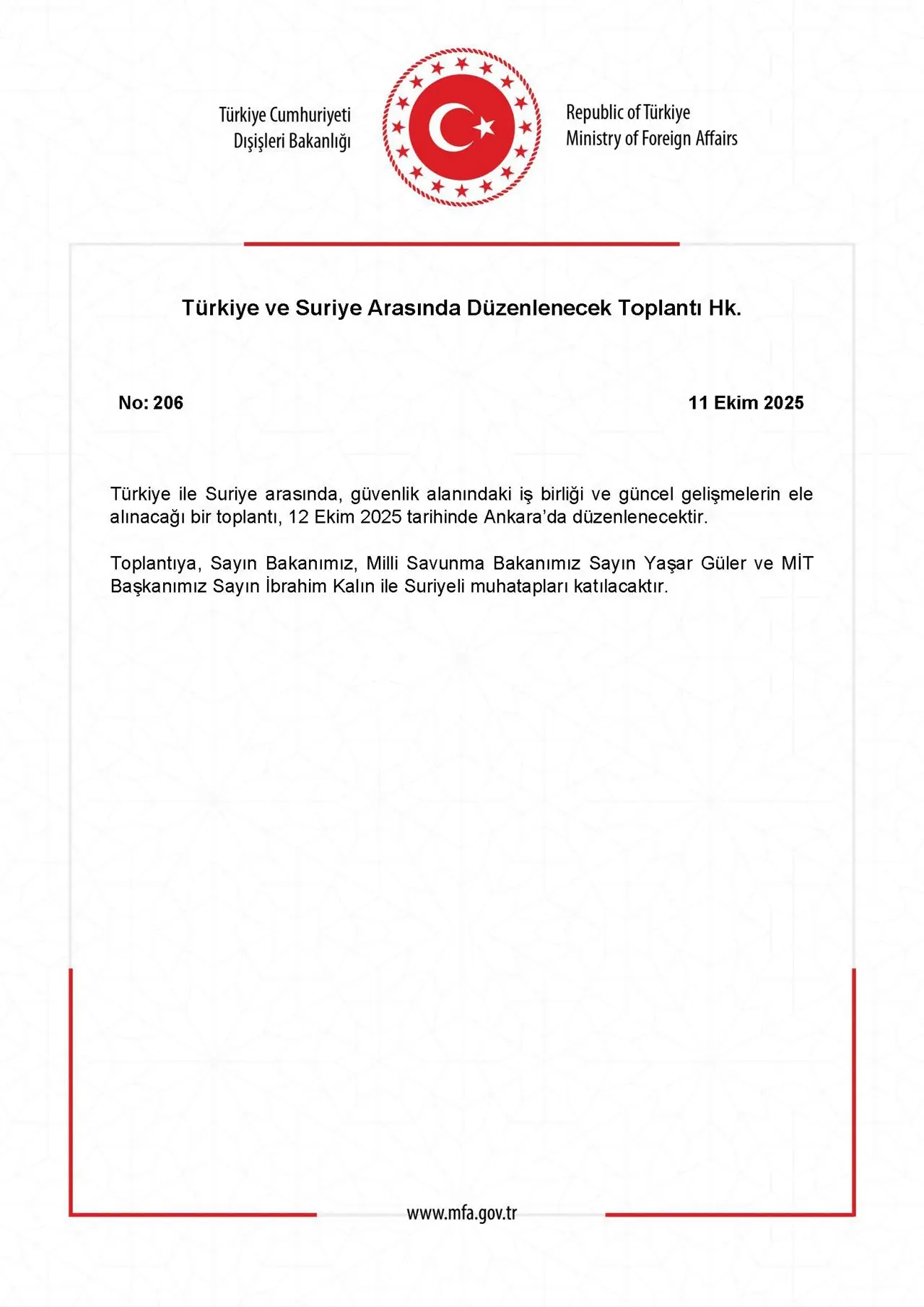 Türkiye-Suriye Güvenlik İşbirliği Toplantısı Yapılacak