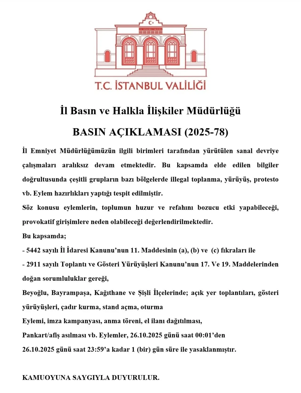 İstanbul'da 4 İlçede Miting ve Yürüyüşler Yasaklandı