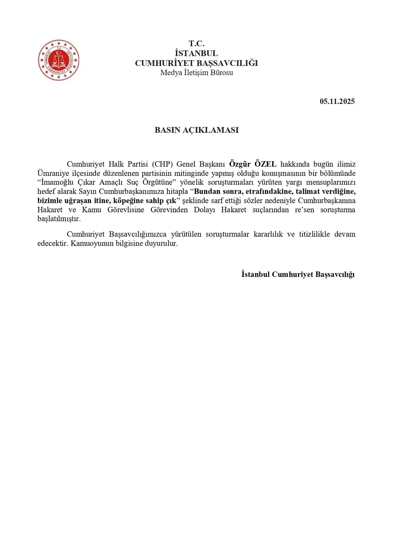 Özgür Özel Hakkında Resen Soruşturma