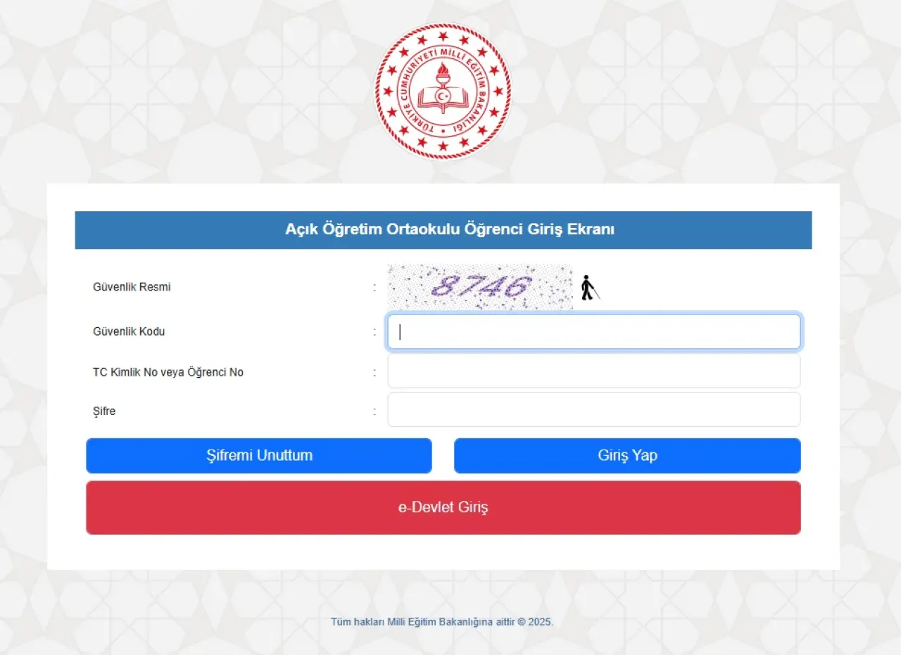  Açık Öğretim Ortaokulu Öğrenci Giriş Ekranı