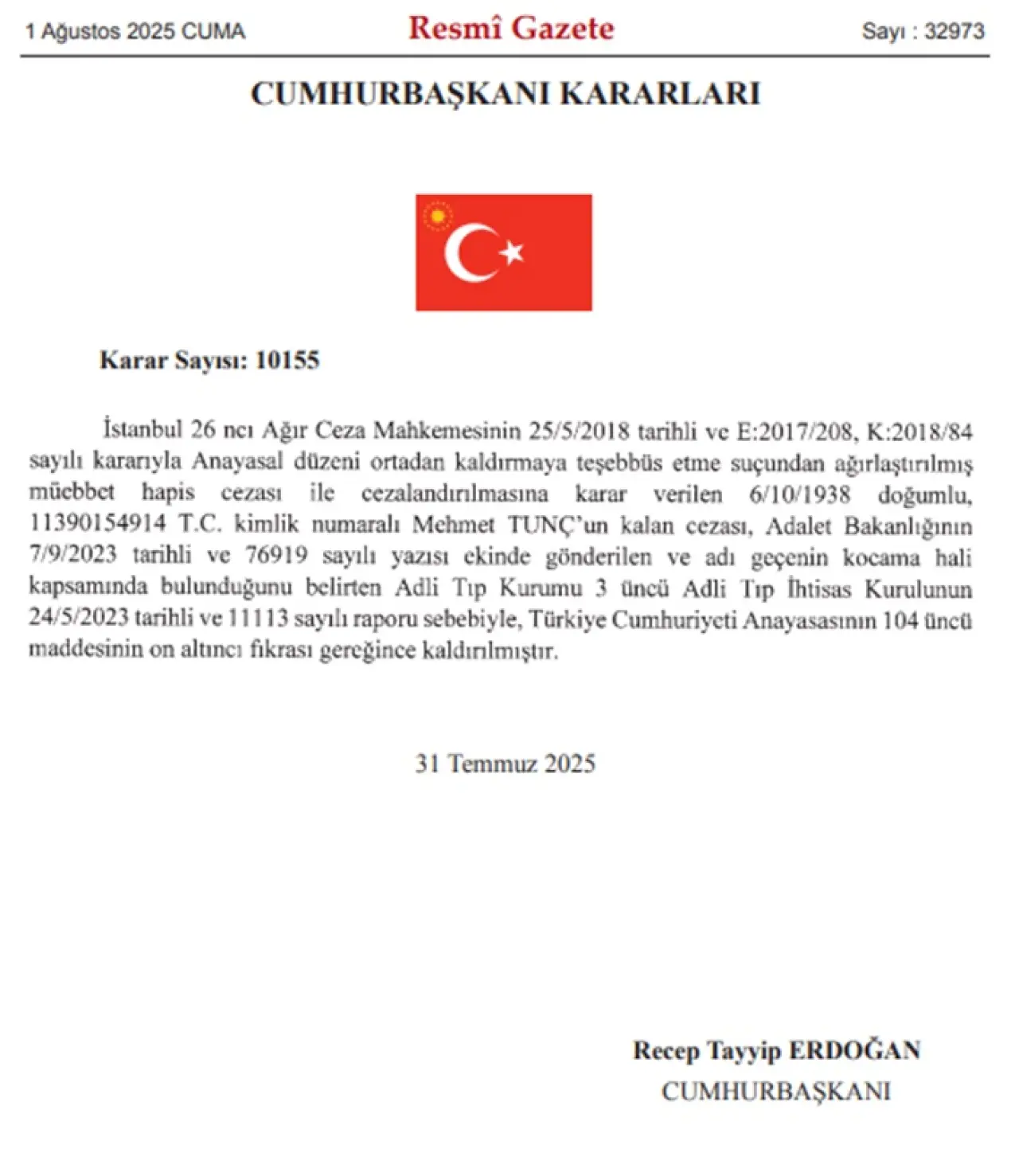 Mehmet Tunç resmi gazete kararı