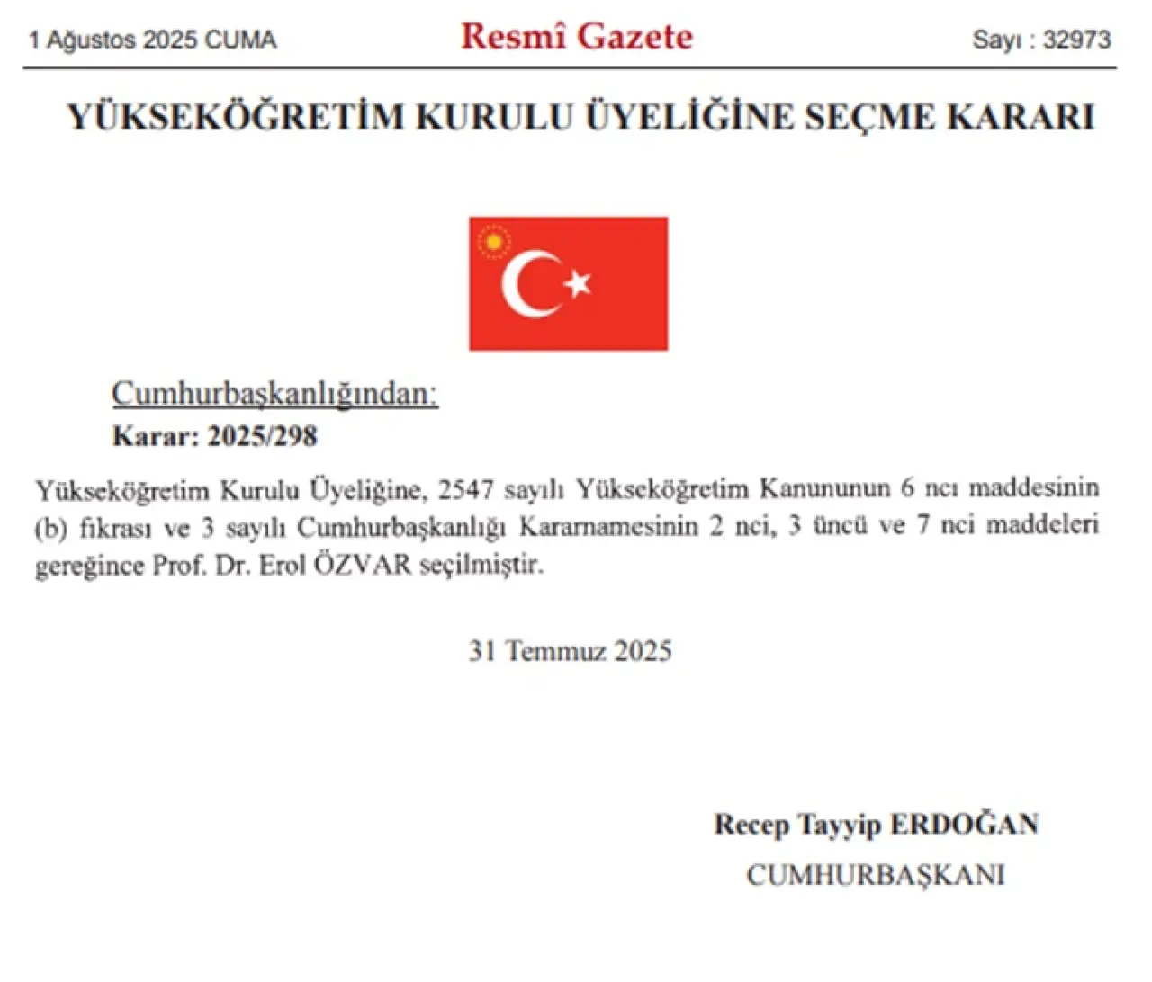 Prof. Dr. Erol Özvar resmi gazete atama kararı