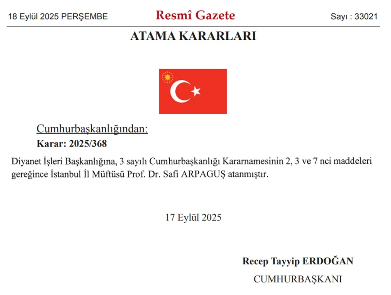 Prof. Dr. Safi Arpaguş Resmi Gazete kararı