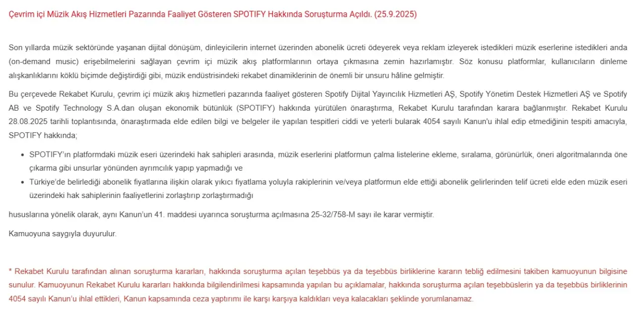 Rekabet Kurulu Spotify hakkında soruşturma