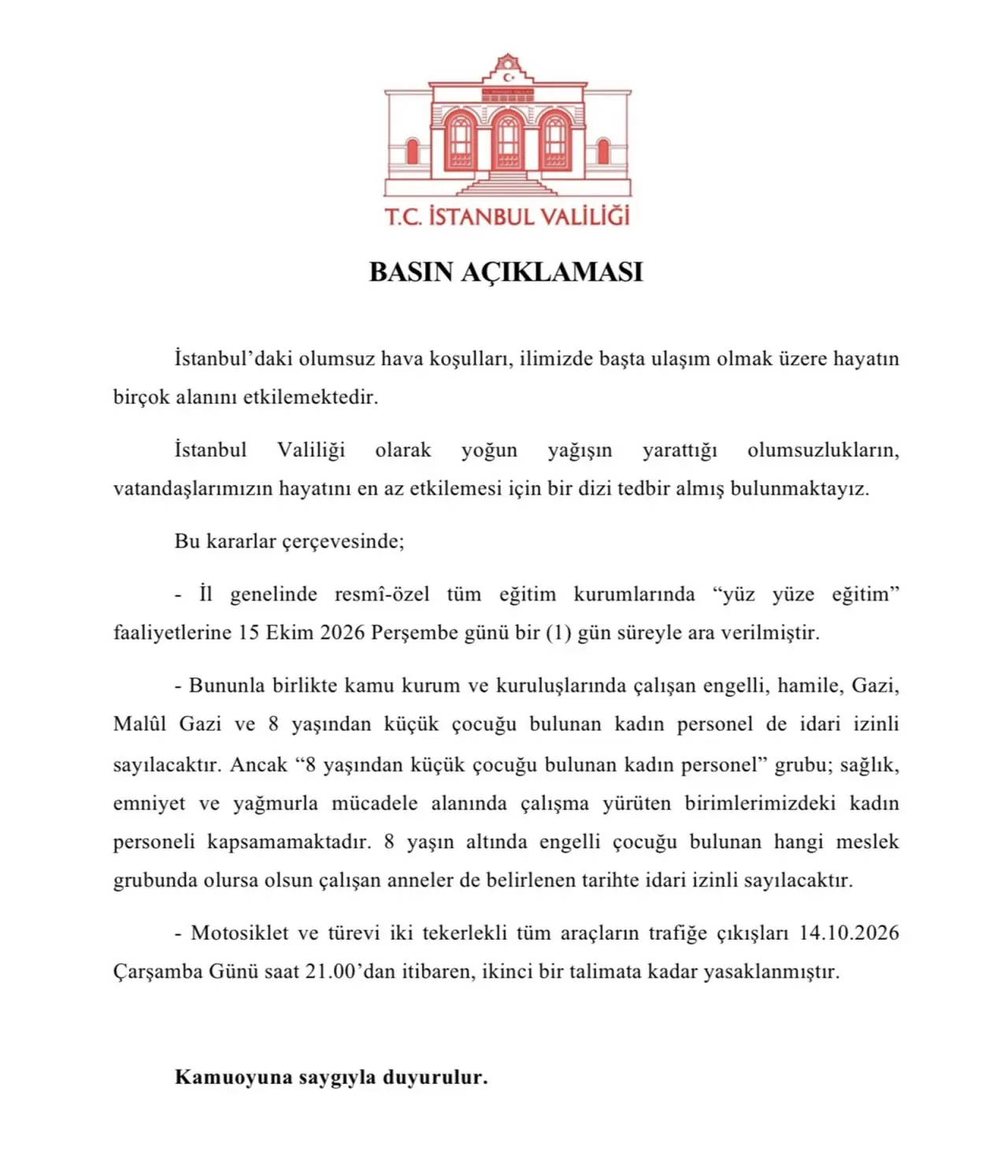 istanbul valiliği okullar tatil açıklaması