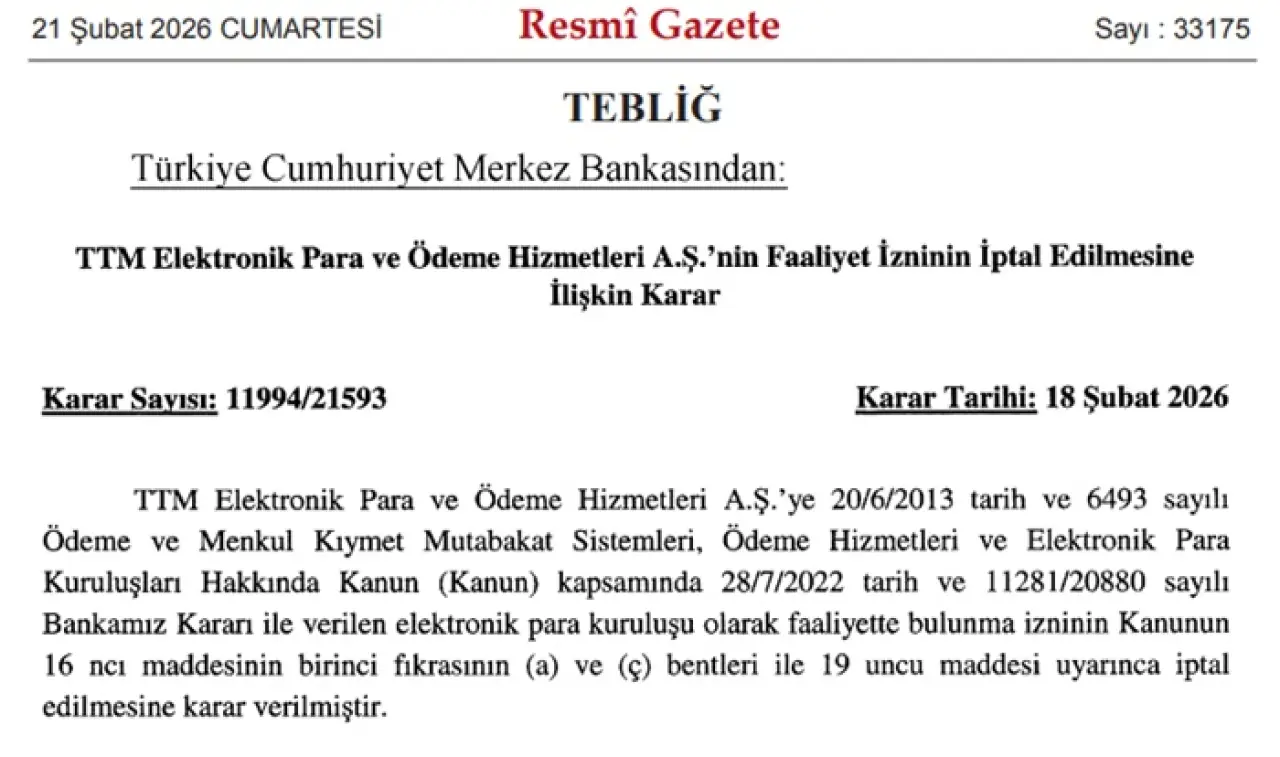 TTM Elektronik Para ve Ödeme Hizmetleri A.Ş.’nin Faaliyet İzninin İptal Edilmesine İlişkin Karar
