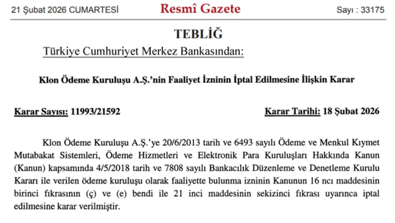 Klon Ödeme Kuruluşu A.Ş.’nin Faaliyet İzninin İptal Edilmesine İlişkin Karar