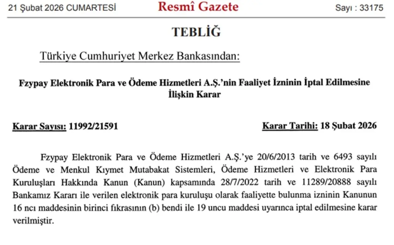 Fzypay Elektronik Para ve Ödeme Hizmetleri A.Ş.’nin Faaliyet İzninin İptal Edilmesine İlişkin Karar