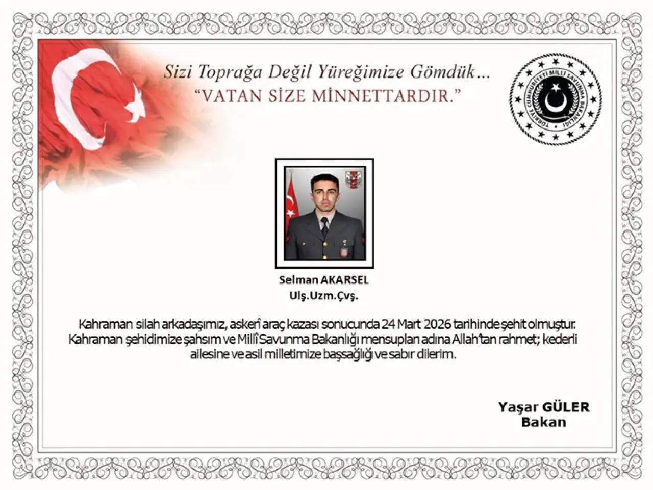 Ulaştırma Uzman Çavuş Selman Akarsel'in şehit haberi…