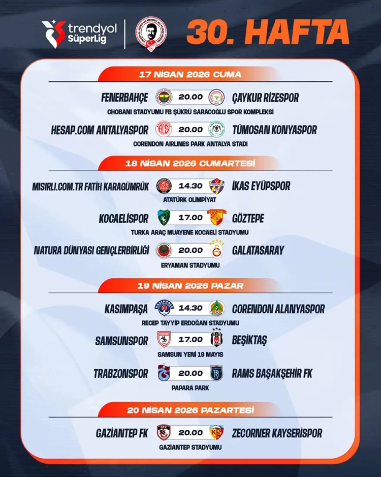 süper lig 30 hafta programı