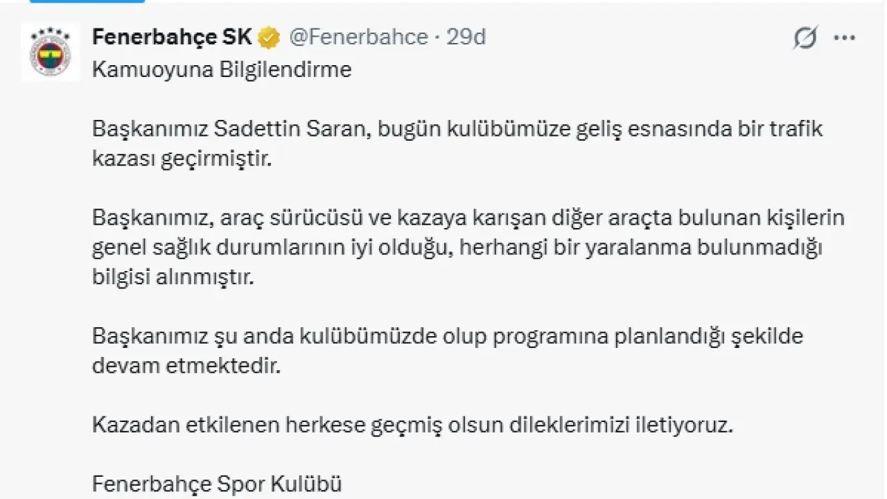 Fenerbahçe’den Sadettin Saran Açıklaması