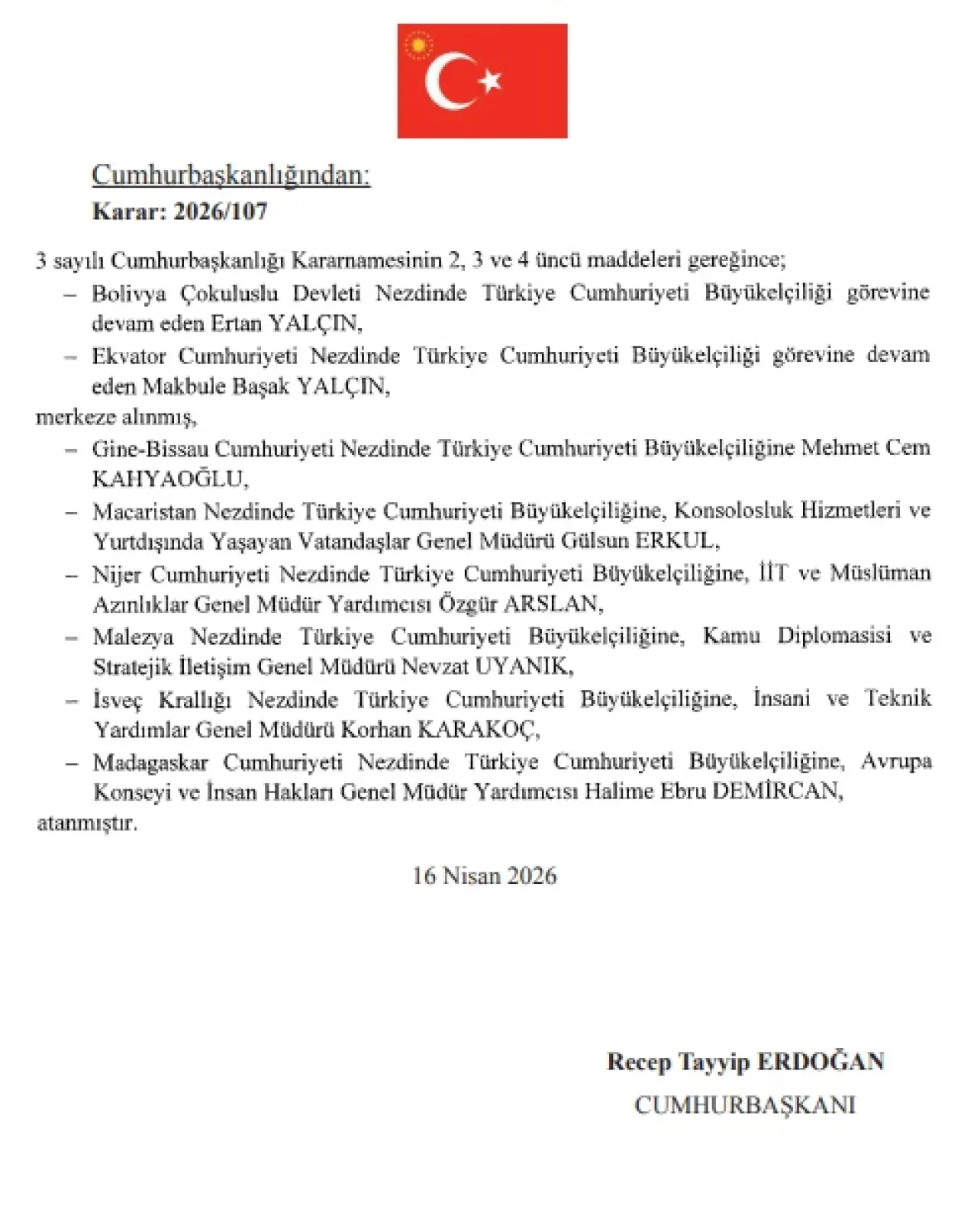 Yeni Büyükelçi Atamaları Yayımlandı