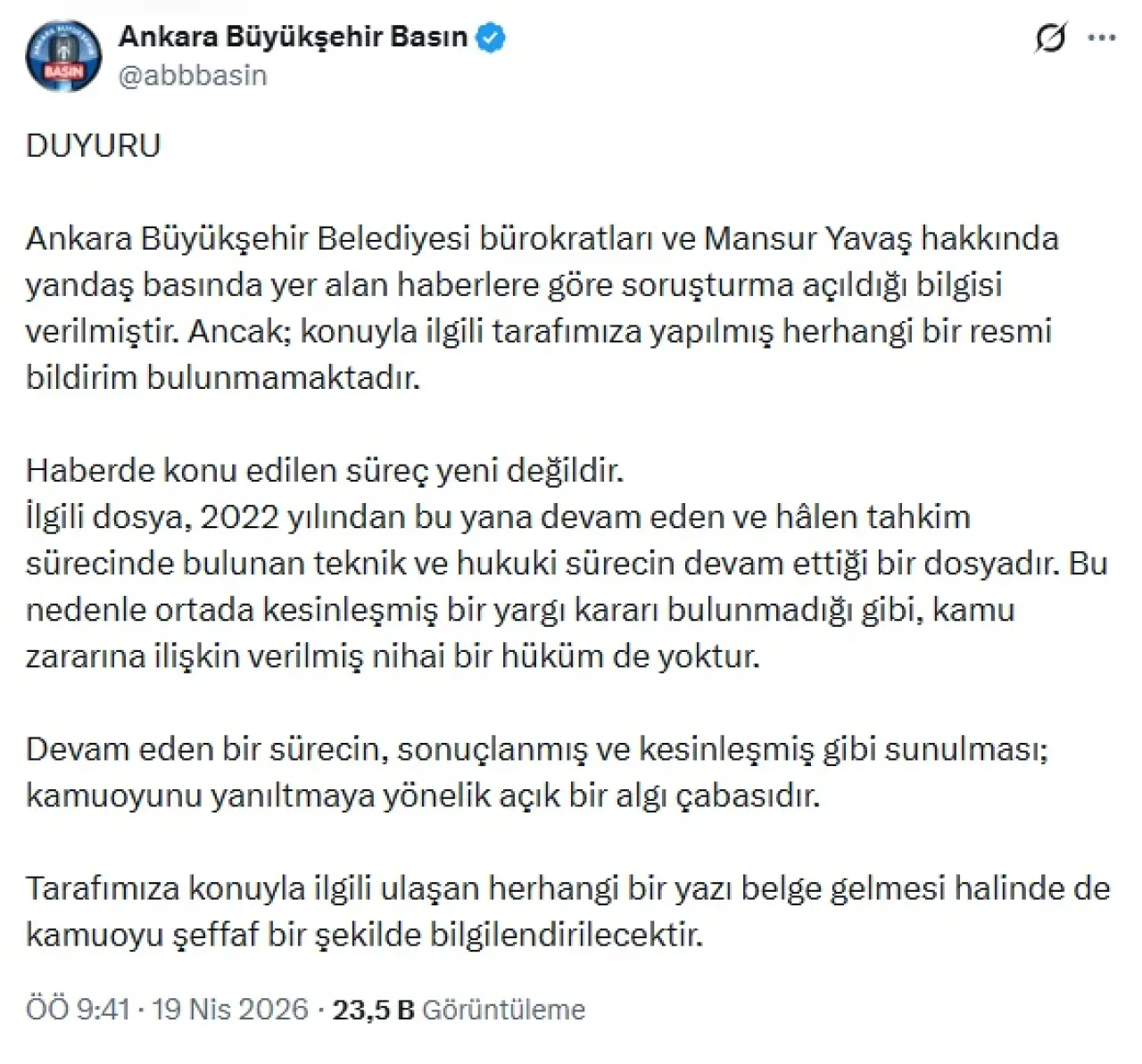 Mansur Yavaş’a Soruşturma Açıldı mı? ABB’den Açıklama