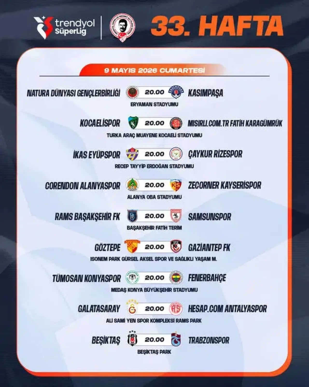 süper lig 33 hafta maç takvimi