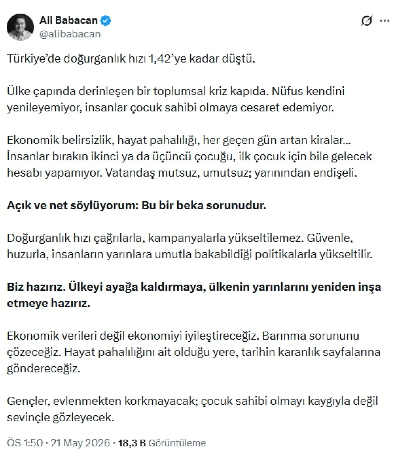 Ali Babacan: Doğurkanlık Hızı Düştü Açık Söylüyorum Bu Bir Beka Sorunudur
