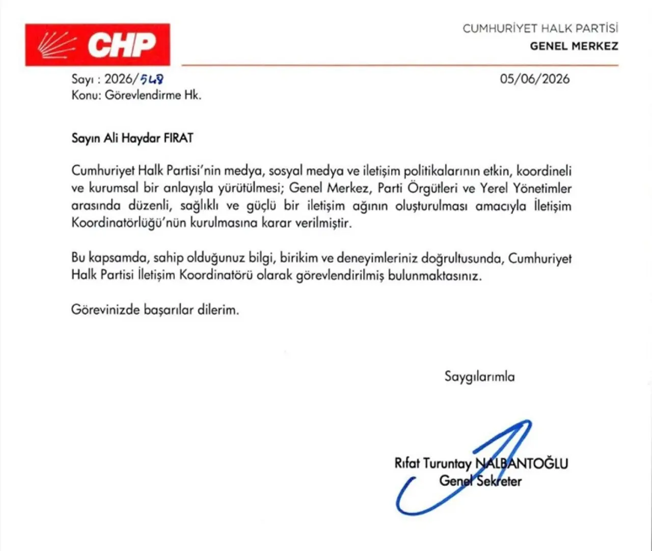 Ali Haydar Fırat CHP İletişim Koordinatörü Olarak Görevlendirildi