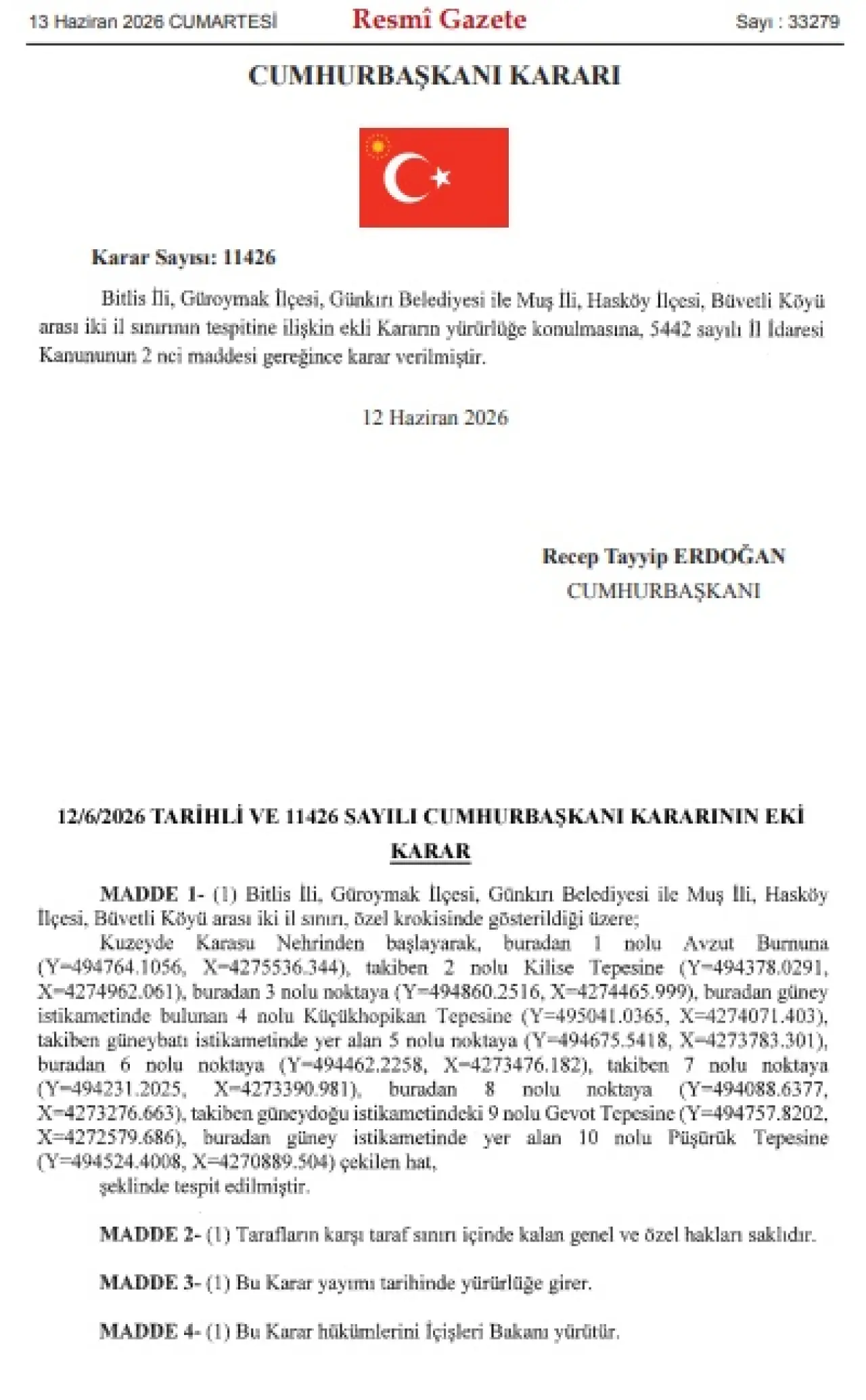 Muş İle Bitlis Arasındaki İl Sınırı Yeniden Belirlendi