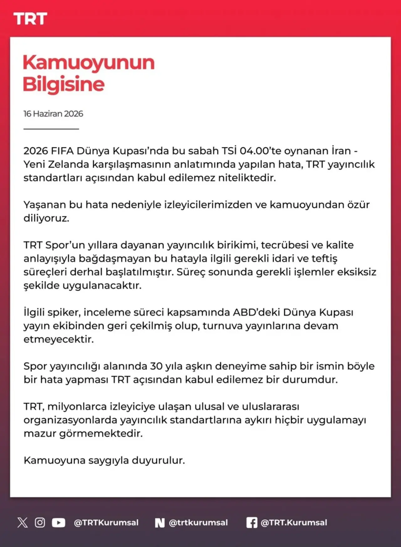 TRT'den Spiker Murat Ekrem Çimen Hakkında Açıklama