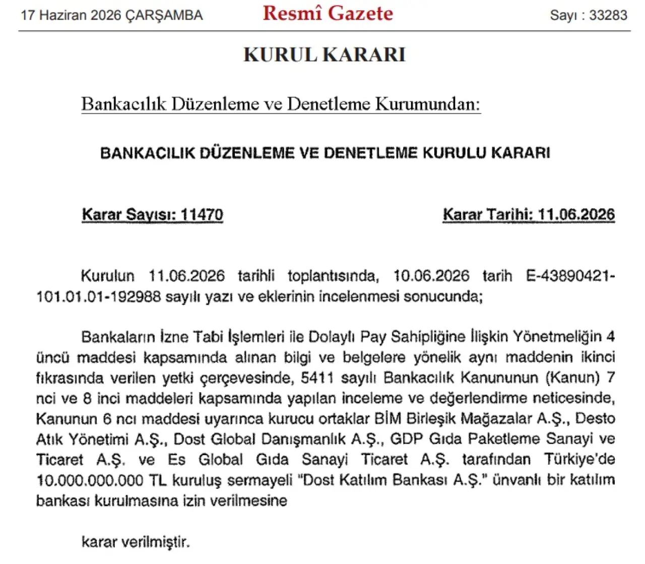 Dost Katılım Bankası Kurulmasına İzin Çıktı... Ortakları Arasında BİM de Var