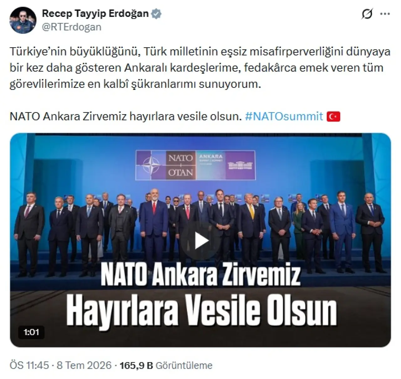 Erdoğan'dan NATO Zirvesi Ev Sahipliği Paylaşımı