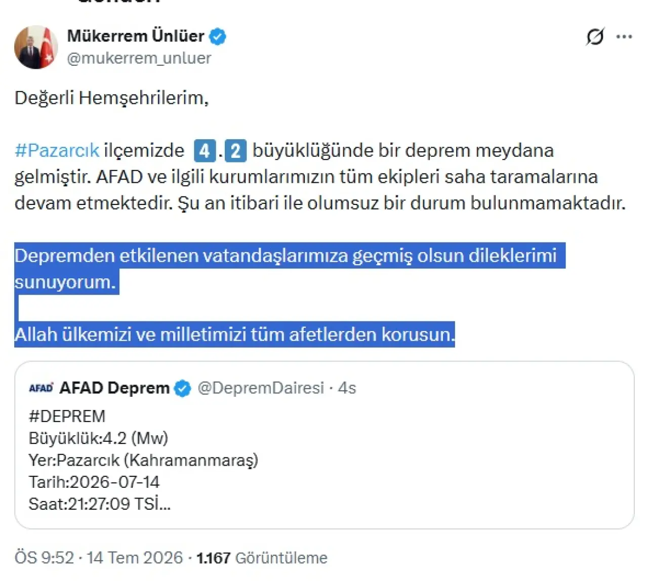 Mükerrem Ünlüer deprem açıklama