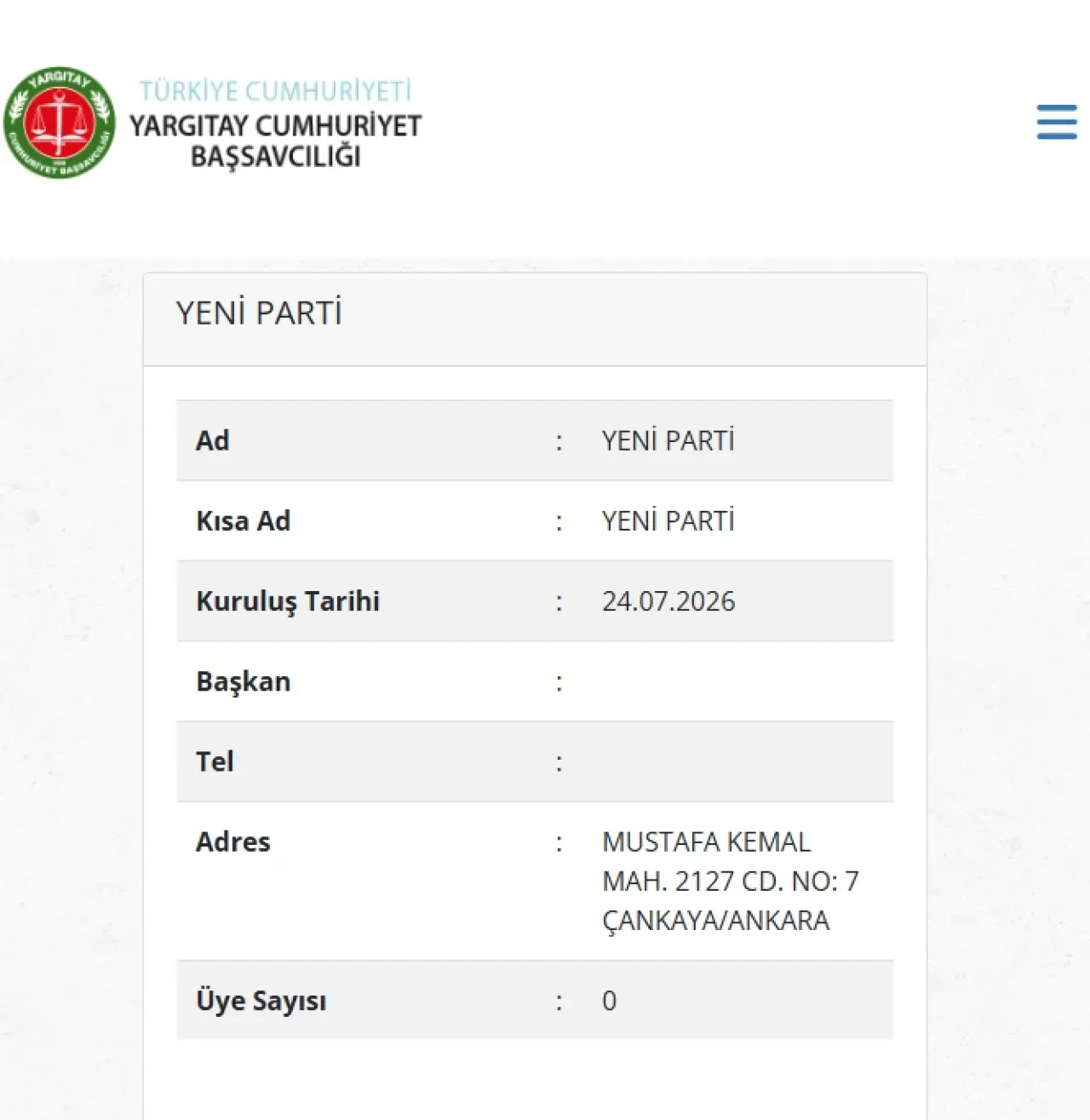 Yeni Parti Yargıtay Siyasi Partiler Listesine Eklendi