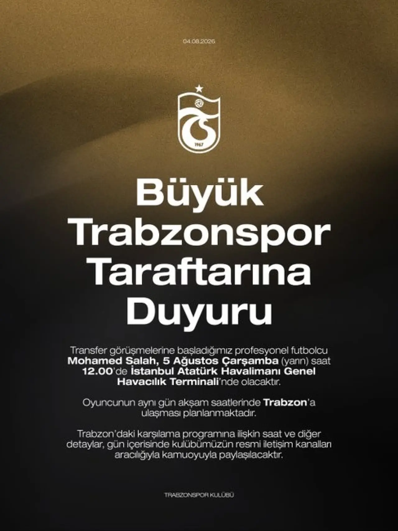 Trabzonspor'dan Taraftara Salah Çağrısı