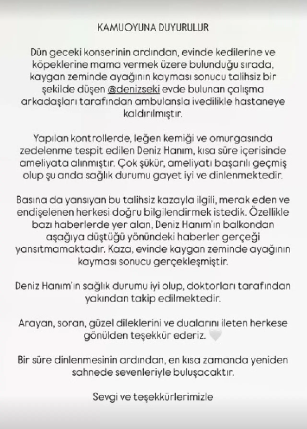 Deniz Seki'den Sağlık Durumu Hakkında Açıklama