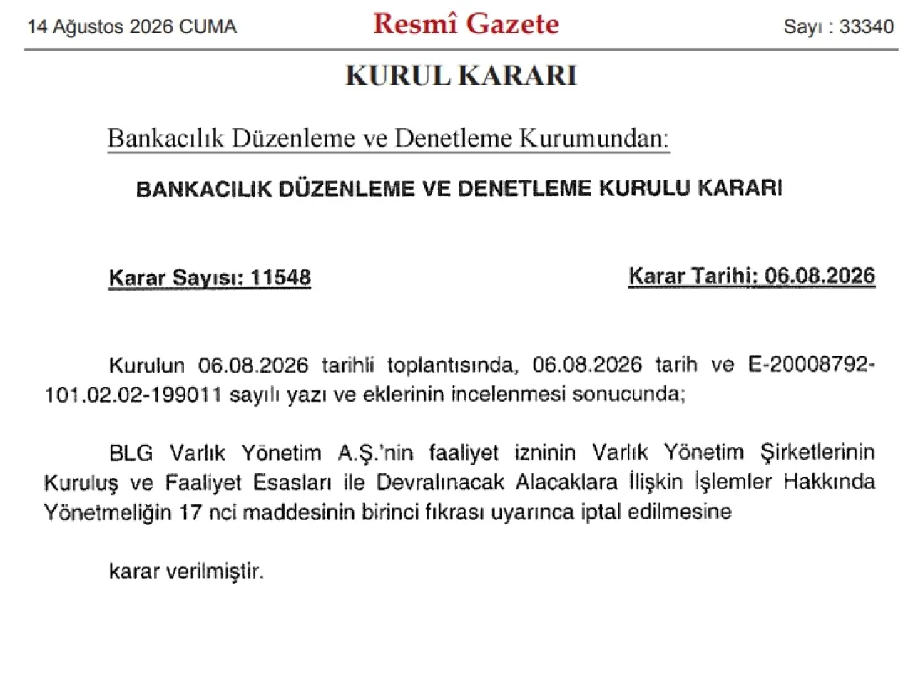 BLG Varlık Yönetim A.Ş.'nin Faaliyet İzni İptal Oldu