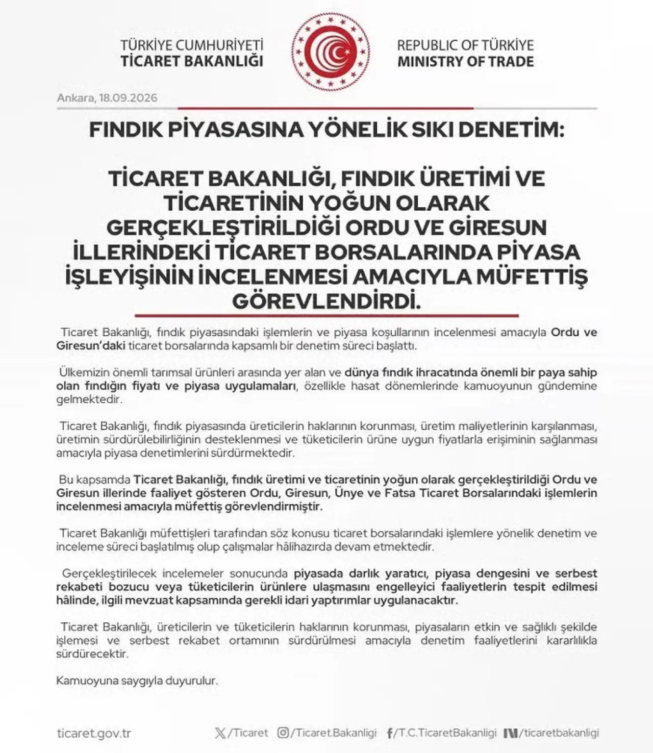 Bakanlıktan Fındık Hamlesi